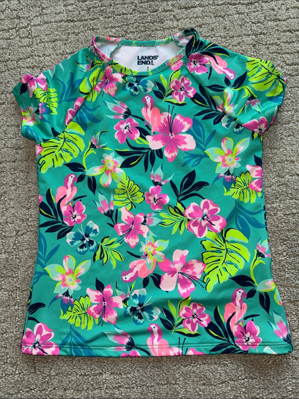 Lands' End Teal Tropical Floral Short-Sleeve Rash Guard